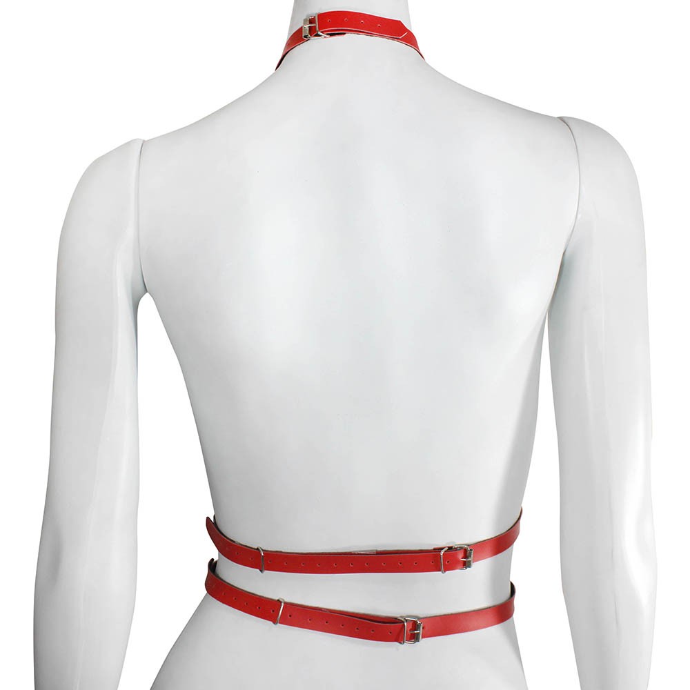 Harness Arreio Feminino Ajust�vel Vermelho em vista traseira, destacando as tiras e fivelas nas costas