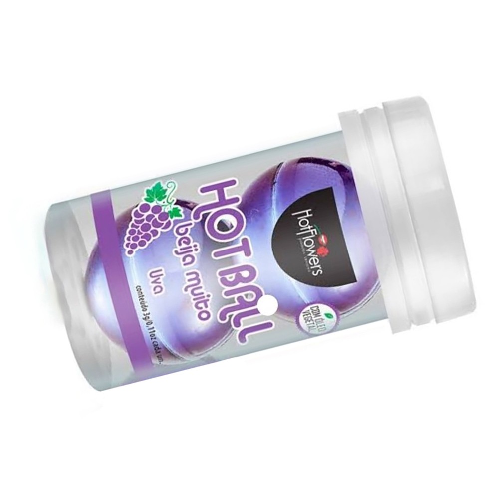 Bolinha de �leo Corporal Hot Ball Aroma Uva em embalagem transparente com r�tulo em roxo, sobre um fundo branco.
