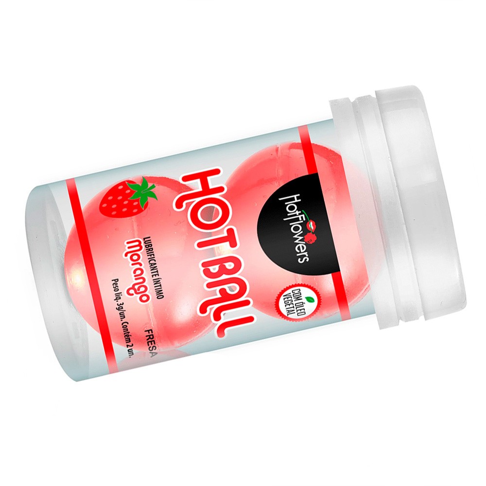 Embalagem da Bolinha de �leo Corporal Lubrifica��o �ntima Morango, destacando o r�tulo da Hot Flowers e o aroma de morango, com uma bolinha solta ao lado. Fundo branco.