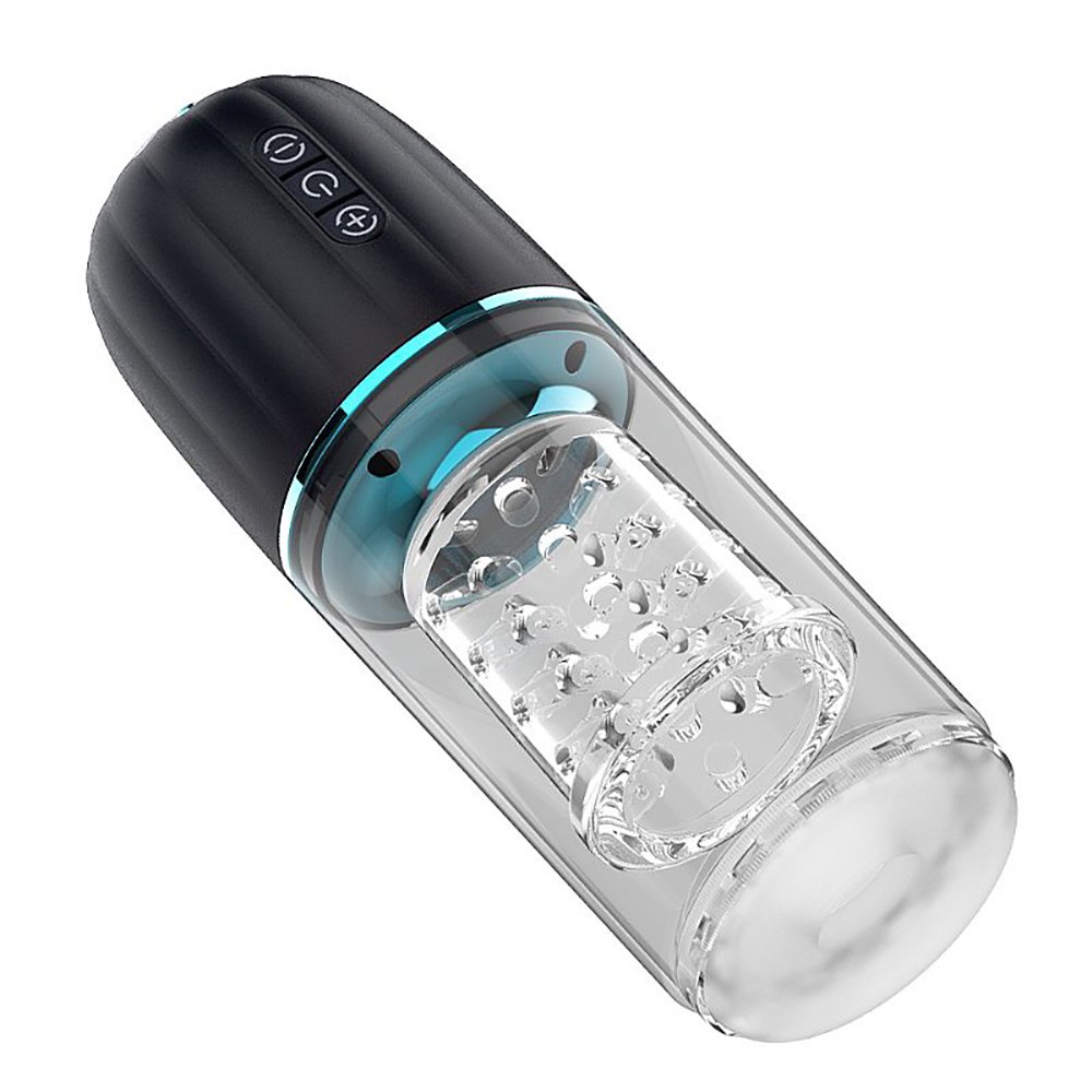 Masturbador masculino Storm transparente visto de lado, mostrando a parte superior preta com bot�es e a ventosa na base