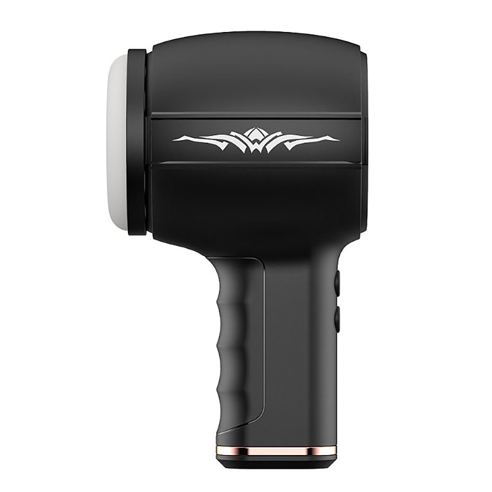Masturbador masculino formato pistola em vista lateral, mostrando detalhes da empunhadura e logotipo sutil