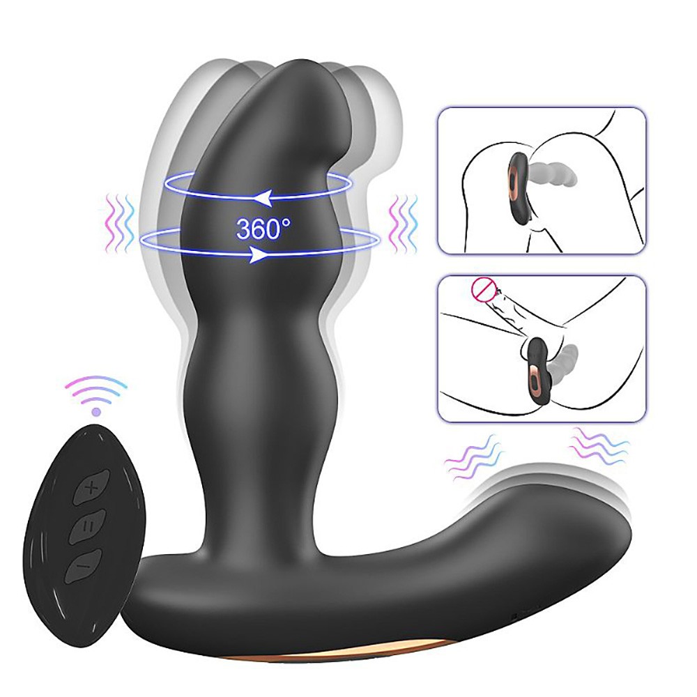 Estimulador de Pr�stata Recarreg�vel em Silicone mostrando o controle sem fio e os movimentos de rota��o e vibra��o, com diagramas de uso anal e perineal