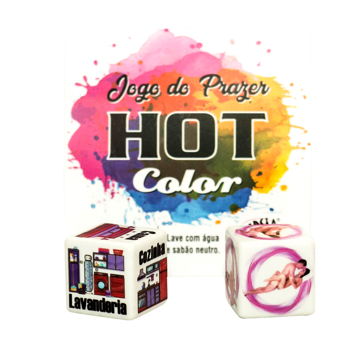 Dado er�tico de jogo do prazer colorido, embalagem 'Jogo do Prazer Hot Color' com os dois dados er�ticos ao lado