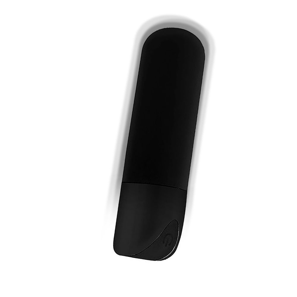 Vibrador Bullet em Silicone Recarreg�vel Preto em vista superior, mostrando o bot�o de power/controle