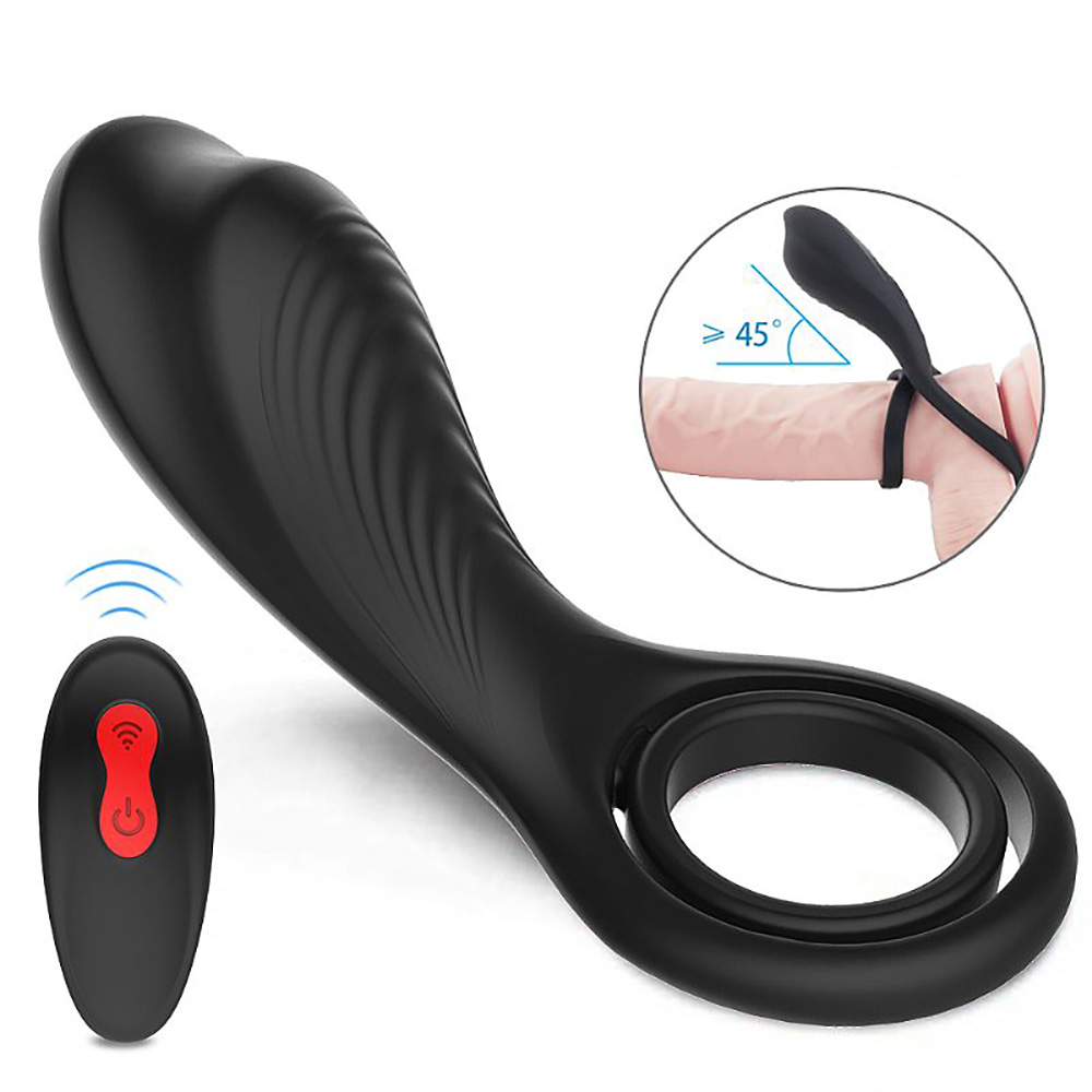 Anel Peniano com Vibrador Recarreg�vel Rings Preto, vista lateral do produto com o controle sem fio e indica��o de uso