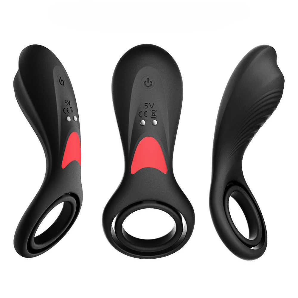 Anel Peniano com Vibrador Recarreg�vel Rings Preto, vistas frontal e laterais para detalhes do design