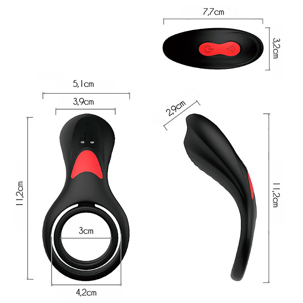 Anel Peniano com Vibrador Recarreg�vel Rings Preto, ilustra��es mostrando os benef�cios de uso para o casal e a funcionalidade do controle