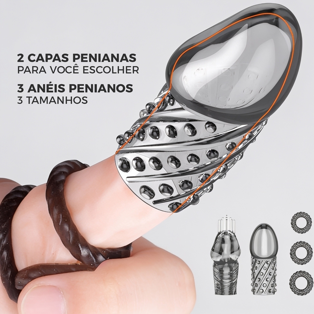 Kit de capas extensoras e an�is penianos, detalhe da capa texturizada com esferas e anel em uso