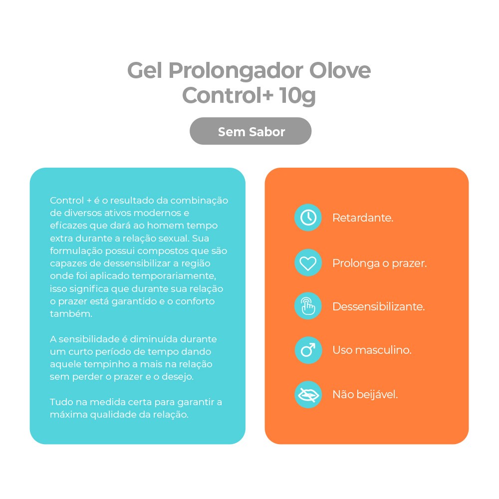 P�gina de informa��es sobre o Gel Prolongador Olove Control+ 10g, destacando que � retardante, prolonga o prazer, dessensibilizante, de uso masculino e n�o beij�vel