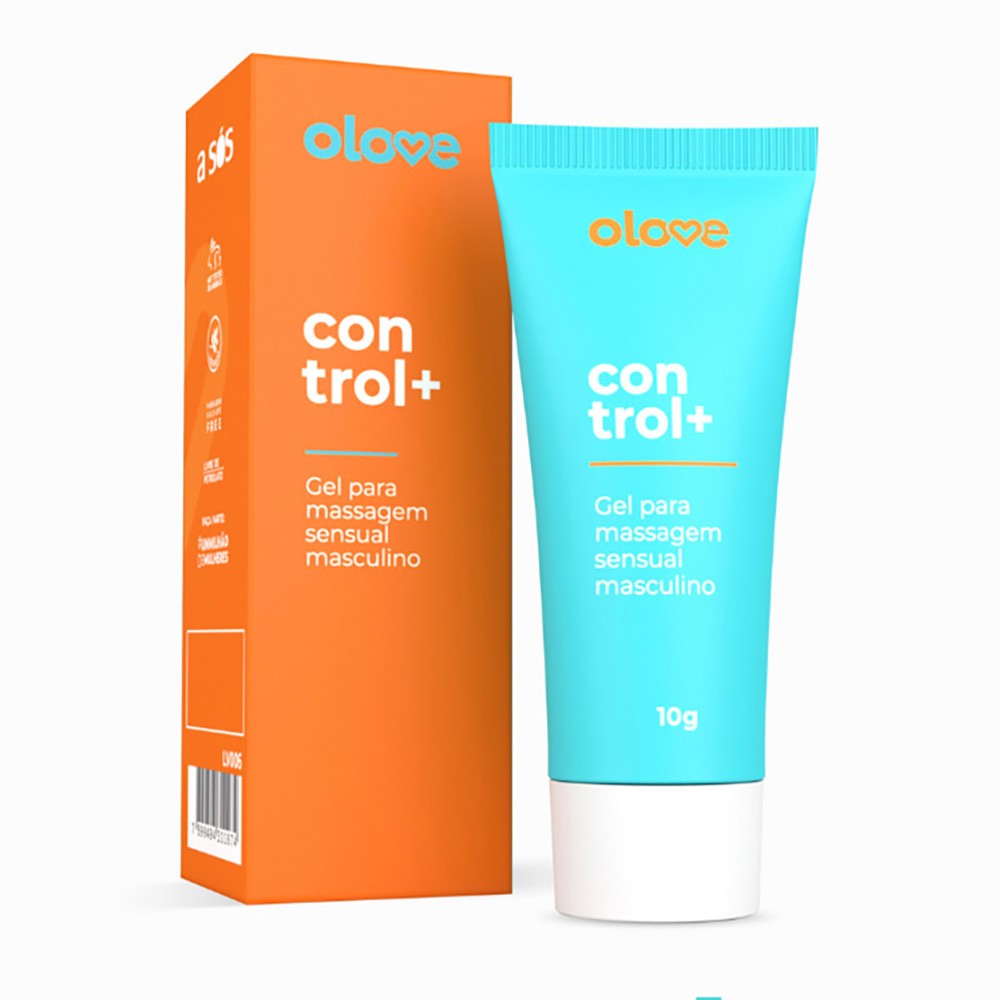 Gel Retardante Masculino Control+ 10ml em embalagem e tubo, vista frontal destacando o design minimalista e as cores do produto
