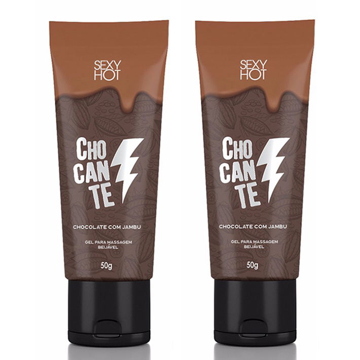 Duas embalagens do Vibrador L�quido Beij�vel Chocante Chocolate com Jambu 50g, real�ando a embalagem e o design.