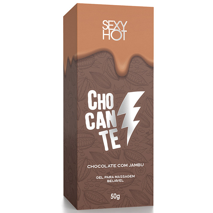 Caixa do Vibrador L�quido Beij�vel Chocante Chocolate com Jambu 50g em vista frontal, detalhando o design e a tem�tica de chocolate.