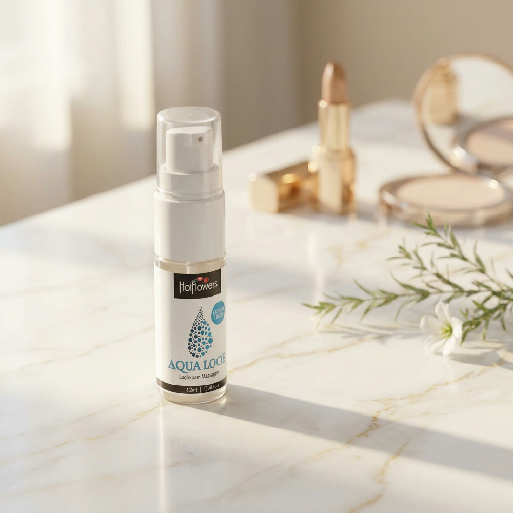 Gel Lubrificante �ntimo Aqua Loob Neutro 12ml em cen�rio elegante, com batom e espelho ao fundo