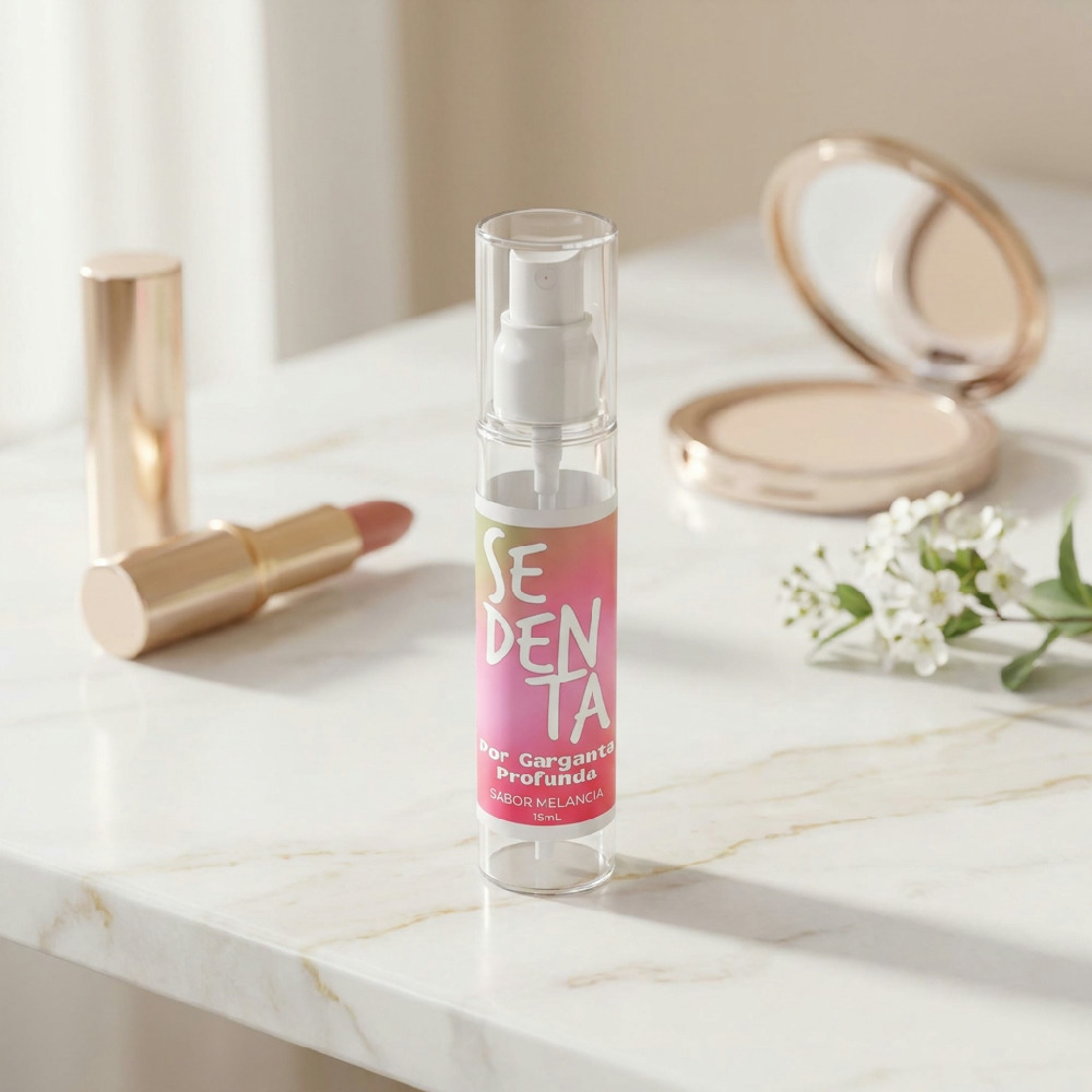 Spray Bucal Garganta Profunda Comest�vel Sedenta Sabor Melancia 15ml em cen�rio de maquiagem, destacando seu design elegante e discreto