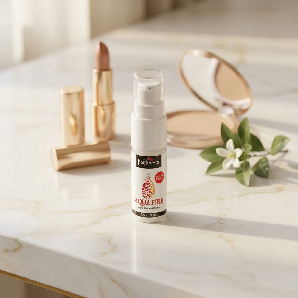 Gel Lubrificante �ntimo � Base de Silicone Aqua Loob 12ml em um cen�rio de penteadeira, com batom e espelho, sugerindo discri��o e intimidade