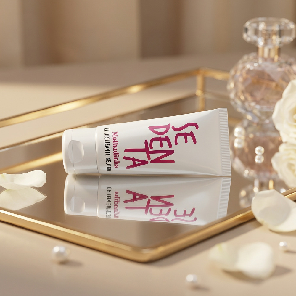 Gel Lubrificante �ntimo Deslizante Sedenta Molhadinha Neutro 18g deitado em bandeja dourada com reflexo e p�talas de rosa