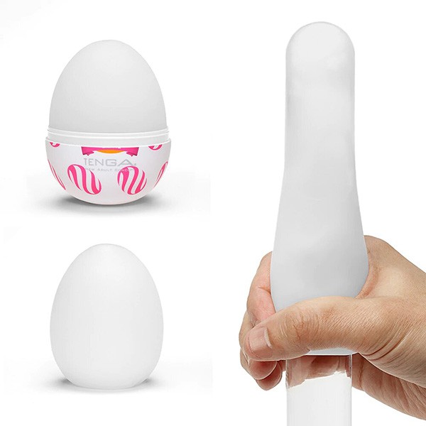 Conjunto de imagens do Tenga EGG: embalagem de ovo, o masturbador male�vel e a demonstra��o de uso