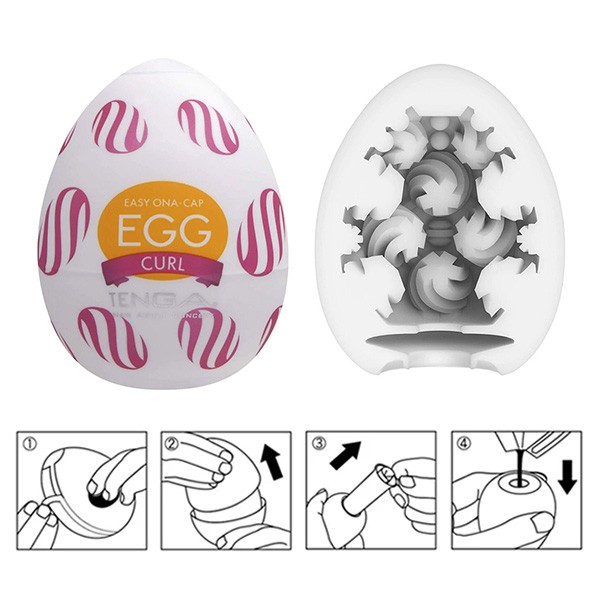 Vista de perto da embalagem do Tenga EGG Curl, evidenciando o design e a marca