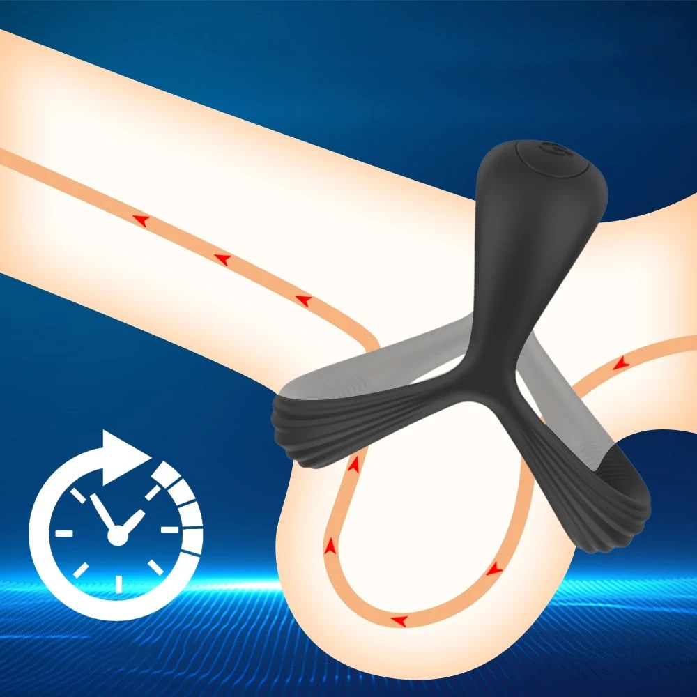 Anel Peniano e Escrotal em Silicone com Estimulador de Clit�ris e Vibrador Preto | Ilustra��o do anel em uso e seus efeitos