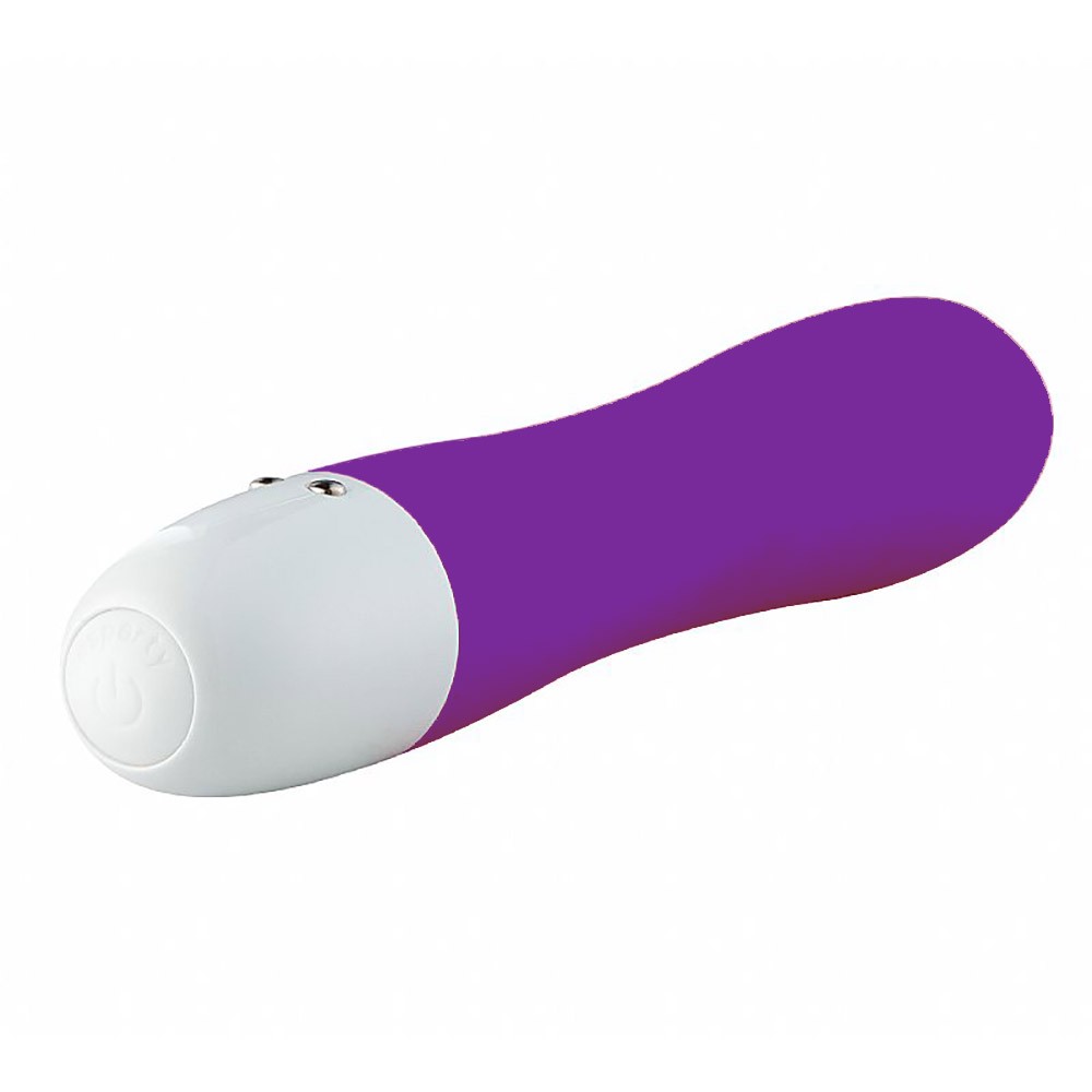 Vibrador Personal Recarreg�vel em Silicone 7 Vibra��es Roxo na horizontal, com foco no bot�o de liga/desliga na base branca