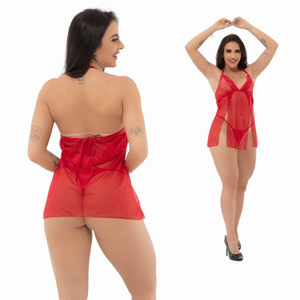 Camisola Virg�nia Vermelha em tule e renda com vista traseira destacando a calcinha string fio dental e amarra��o no pesco�o