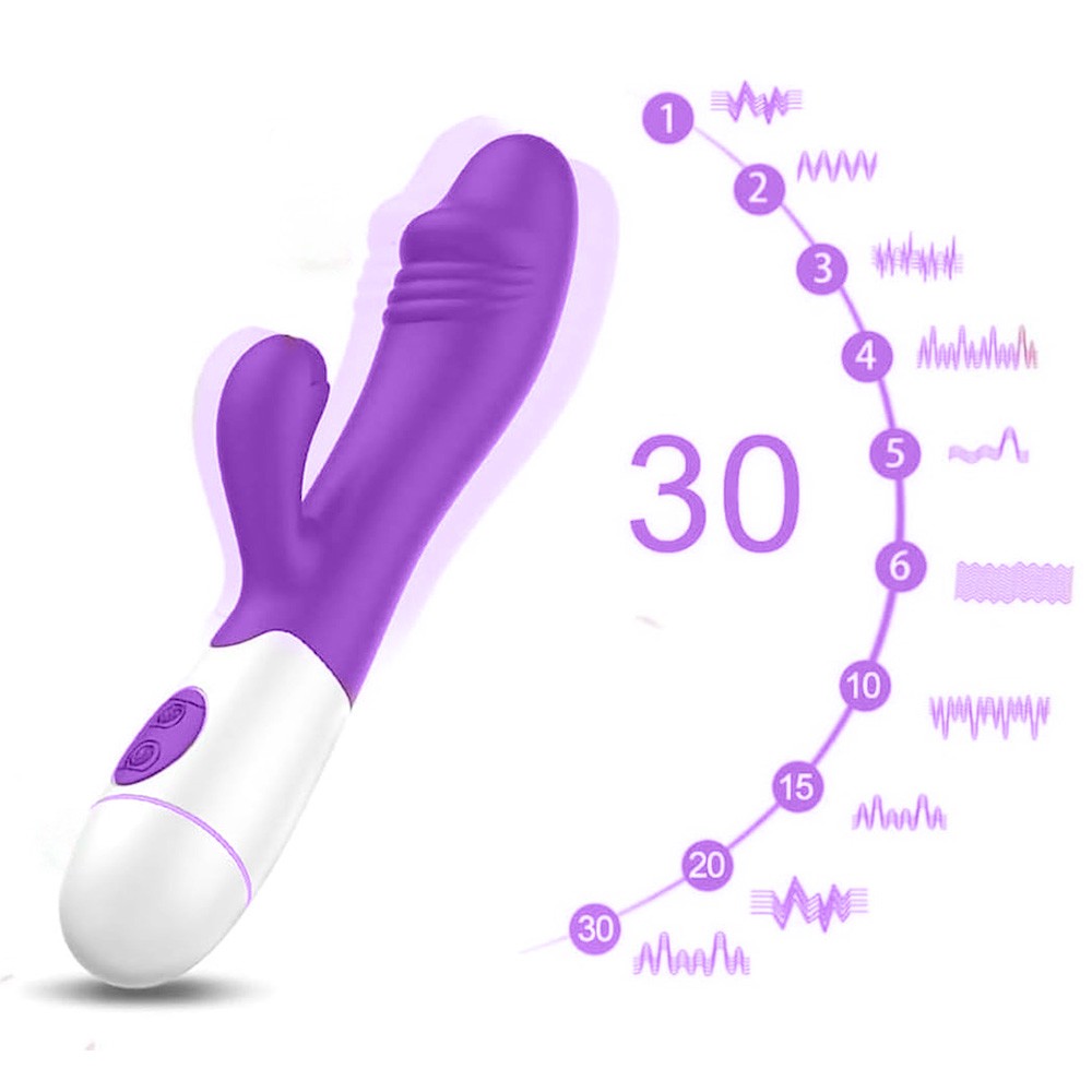 Vibrador Duplo Recarreg�vel em Silicone 30 Vibra��es Sime 2 Roxo - Ilustra��o dos 30 modos de vibra��o com padr�es de ondas