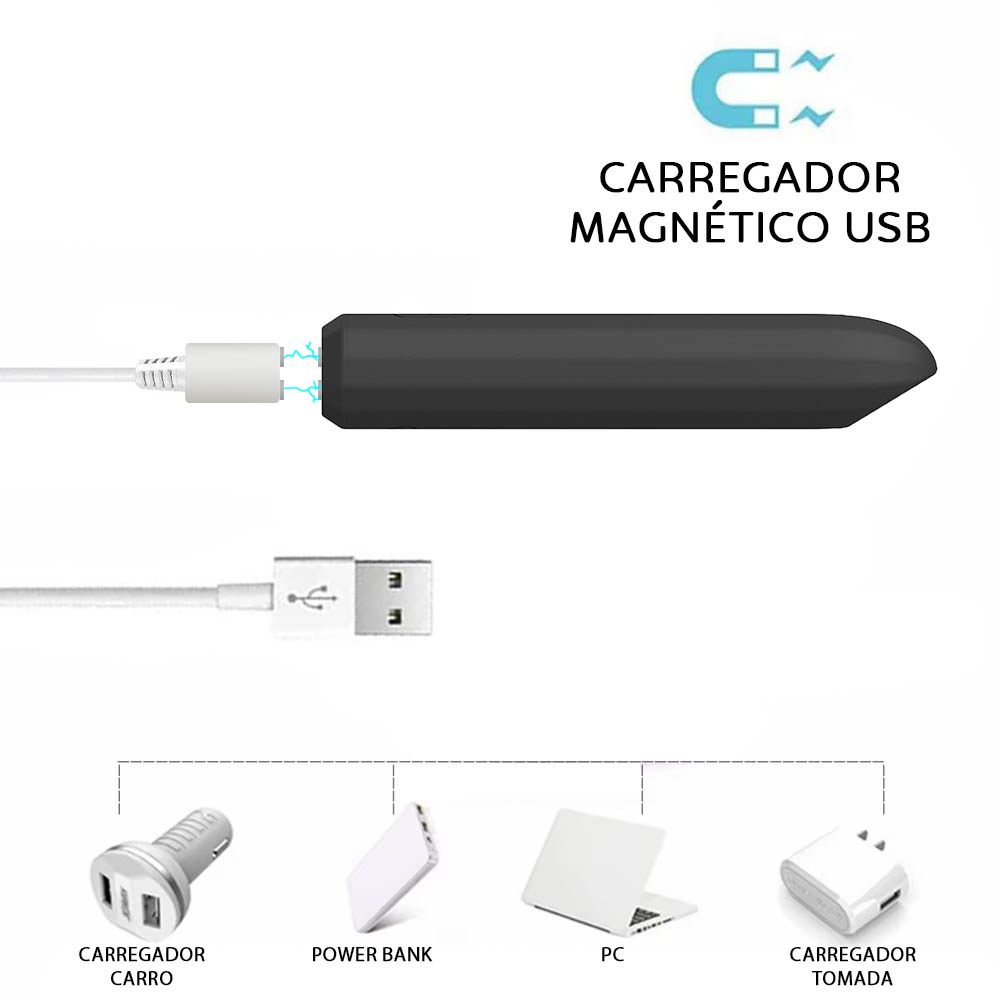 Vibrador Bullet Recarreg�vel em Silicone Nero Preto | Imagem ilustrativa de uso em diferentes partes do corpo feminino.