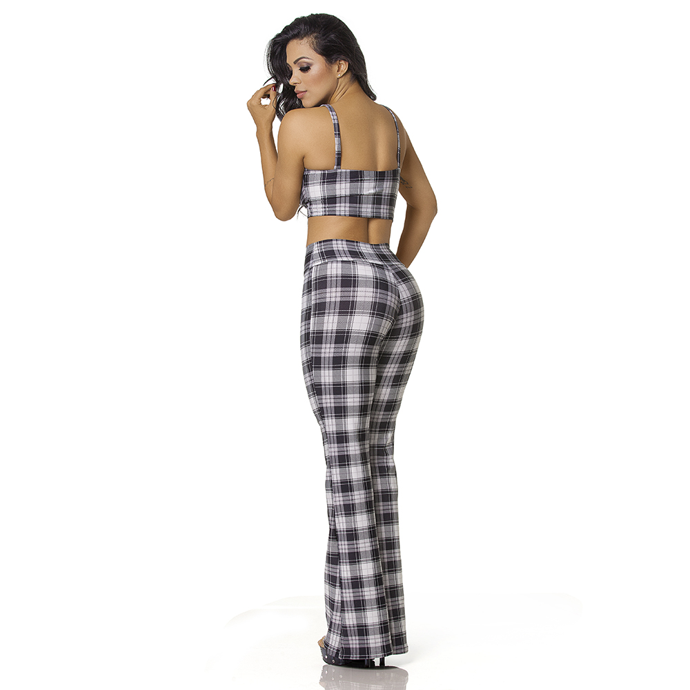 Conjunto Sensual Sexy em Suplex Poliamida com Bojo Cal�a Flare Xadrez | Detalhe de perfil
