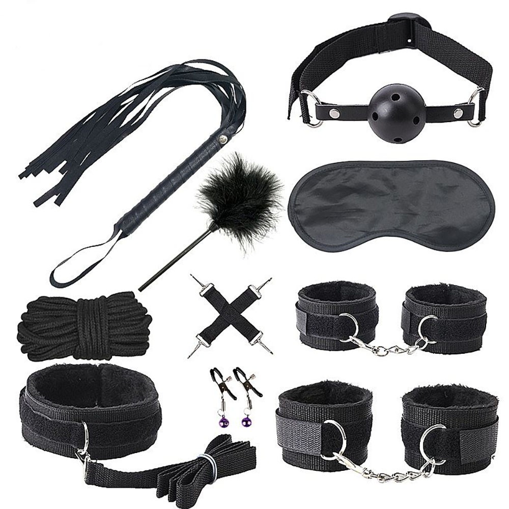 Kit Bondage 10 com venda, morda�a, chicote de penas e algemas abertas