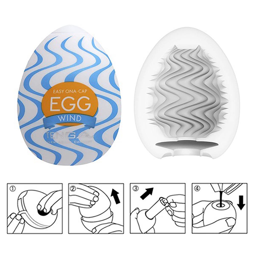 Conjunto de todos os 6 modelos Tenga EGG Classic Collection em suas embalagens, com o Tenga EGG Wind em destaque