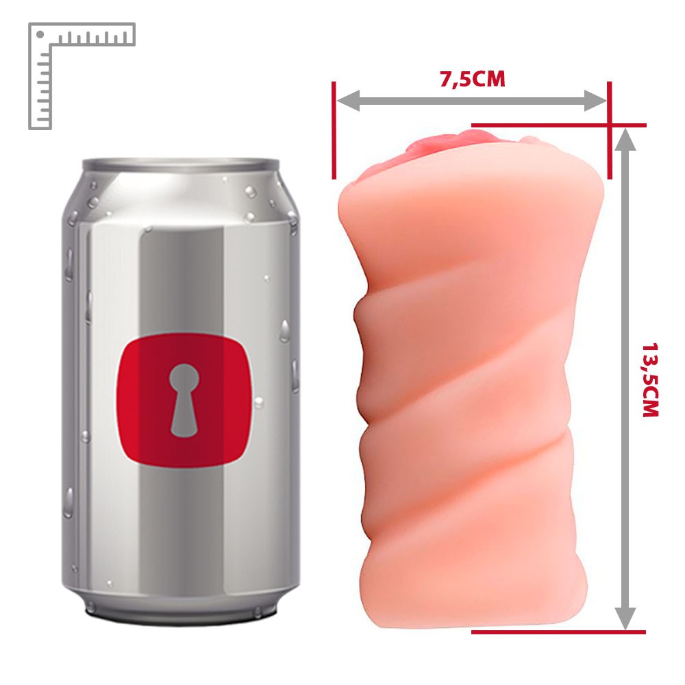 Masturbador Vagina em Cyberskin Bege, vista lateral com foco na simula��o do design de �rg�o sexual feminino