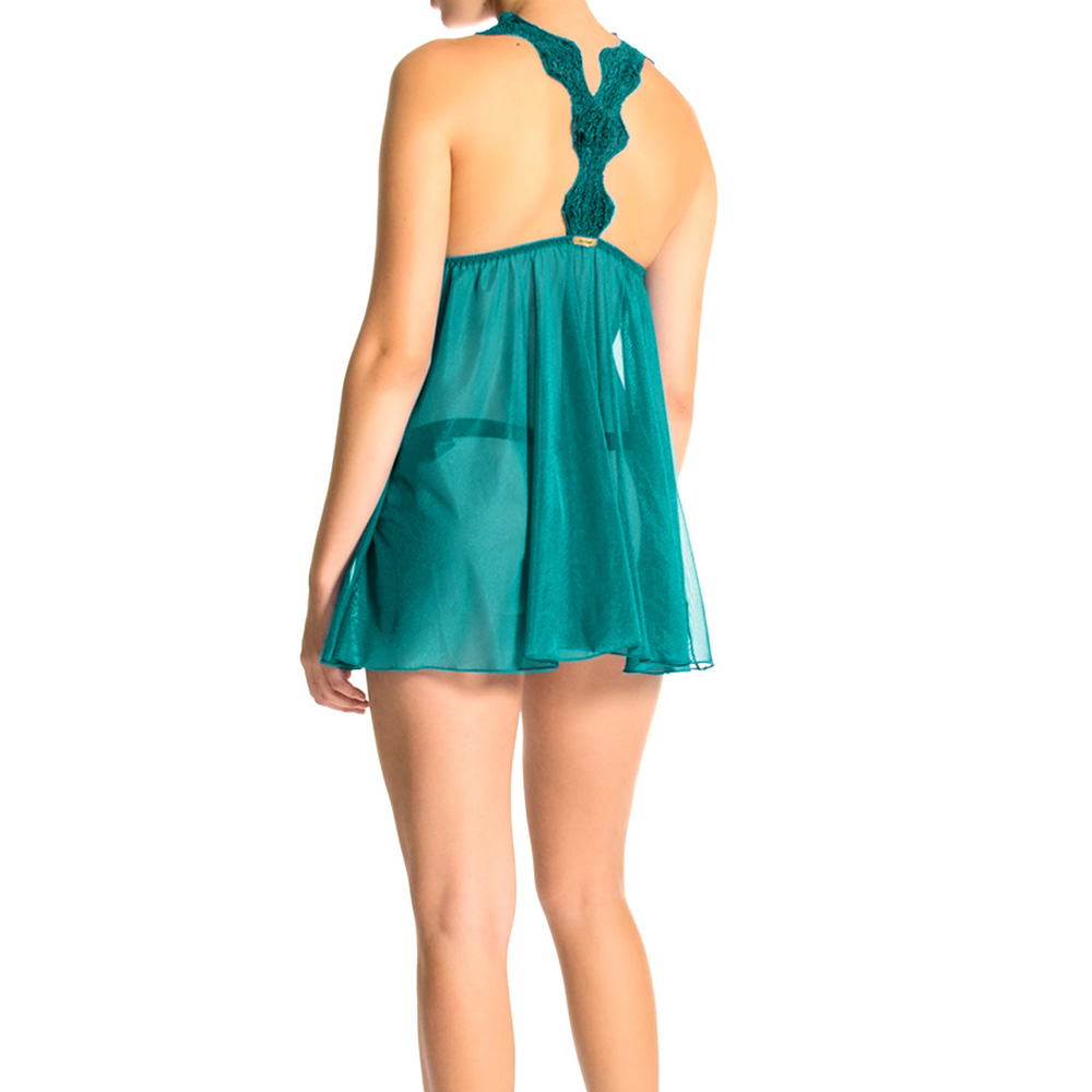 camisola de tule cyan com renda na parte superior vista de costas, detalhando o caimento leve