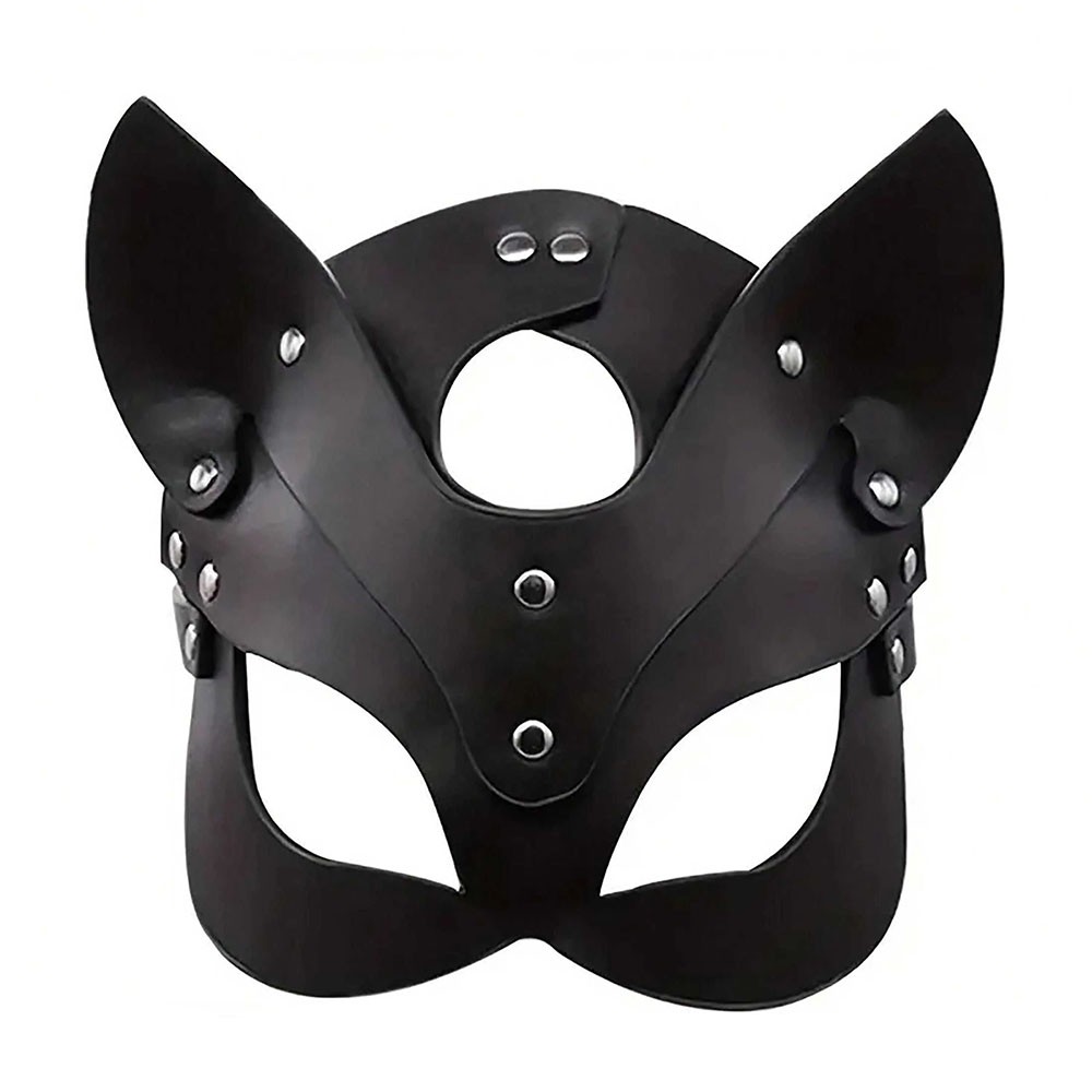 M�scara BDSM de PU preta em formato de gato, vista lateral detalhando a fivela de ajuste