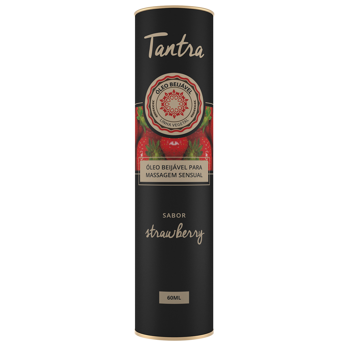 Embalagem tubular preta do �leo para Massagem Sensual Tantra Beij�vel Morango com detalhes em dourado