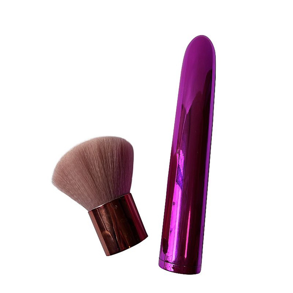 Vibrador Discreto Recarreg�vel Pincel de Blush (Pink) ao lado de sua tampa que o transforma em um pincel de maquiagem