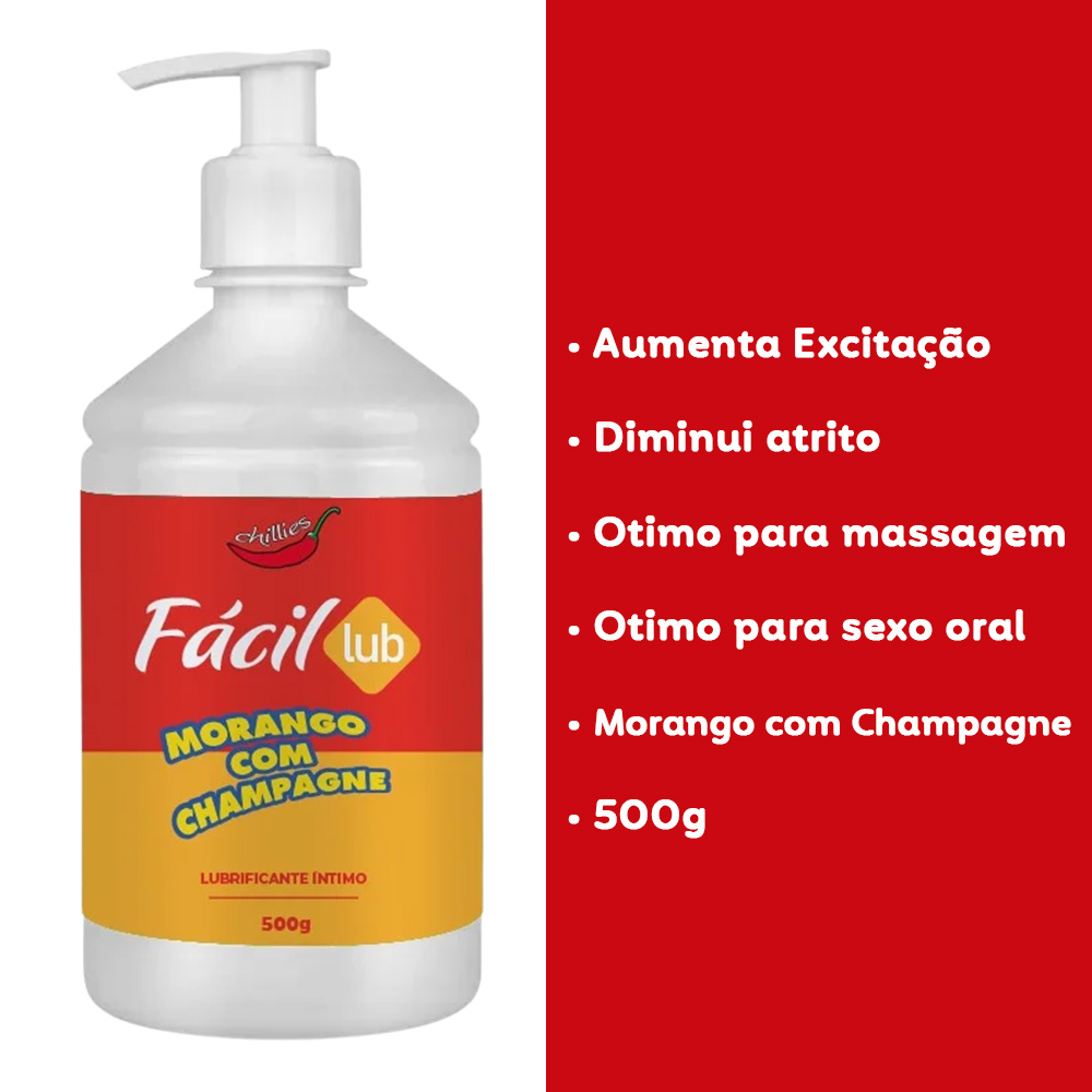 Lubrificante Beij�vel Sabor Morango com Champagne 500g da marca Chillies, destacando benef�cios como 'Aumenta Excita��o', 'Diminui atrito', '�timo para massagem', '�timo para sexo oral' e '500g'.