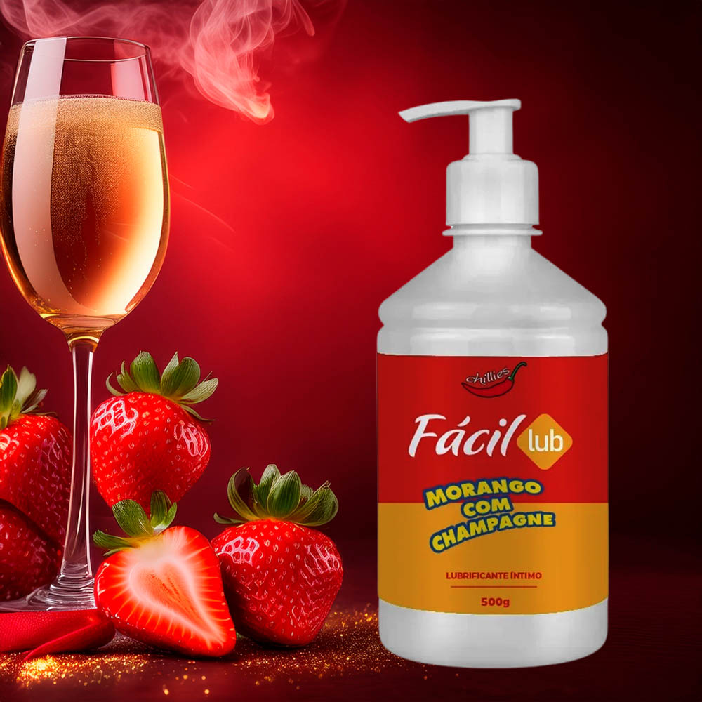 Imagem do Lubrificante F�cil Lub Morango com Champagne 500g em destaque, com um fundo rosa e amarelo vibrante