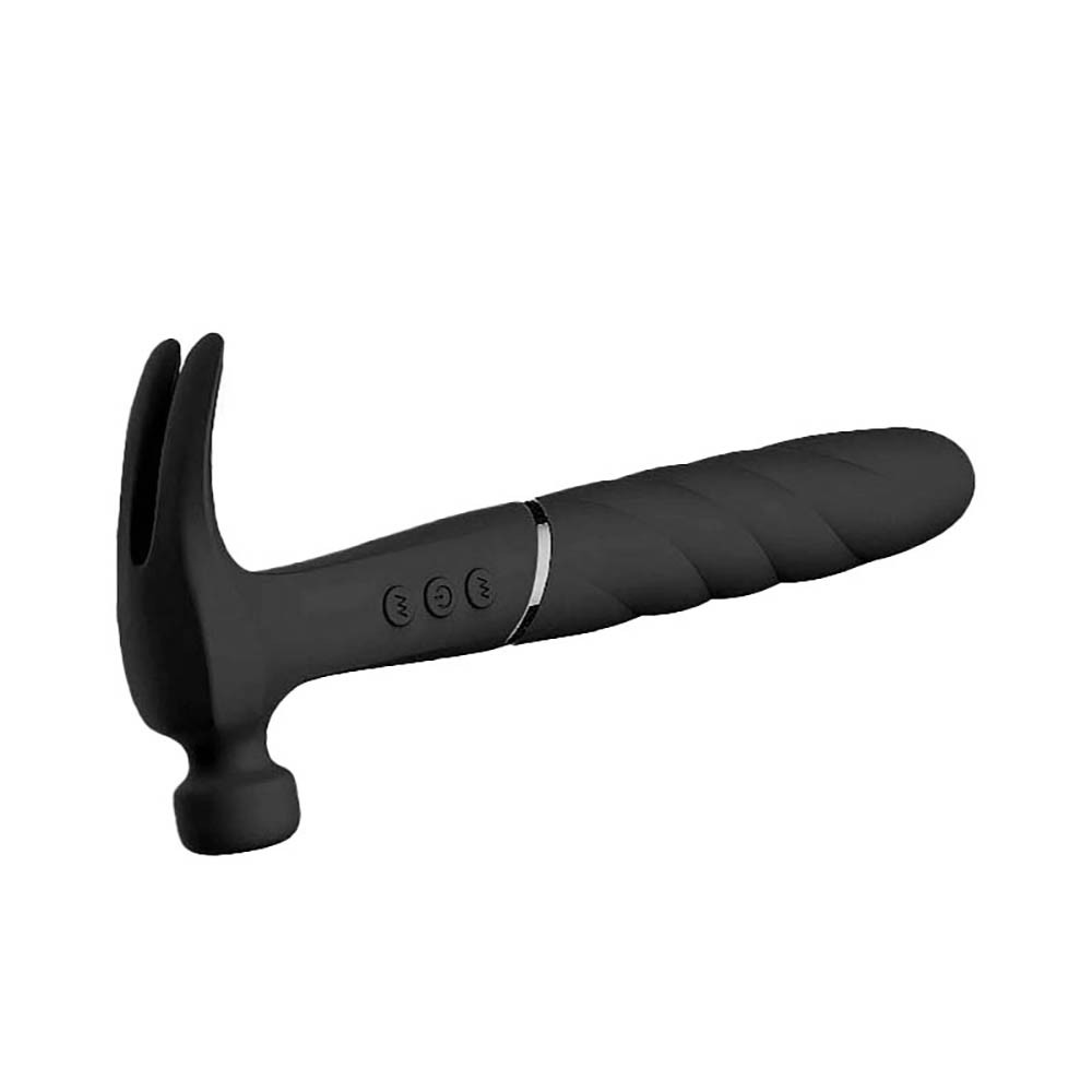 Vibrador Feminino em Silicone Recarreg�vel com 21 Vibra��es e 3 Intensidades Prova de �gua Preto | Vista lateral do vibrador, mostrando o corpo retorcido de silicone para est�mulo vaginal e os bot�es de controle na parte central.