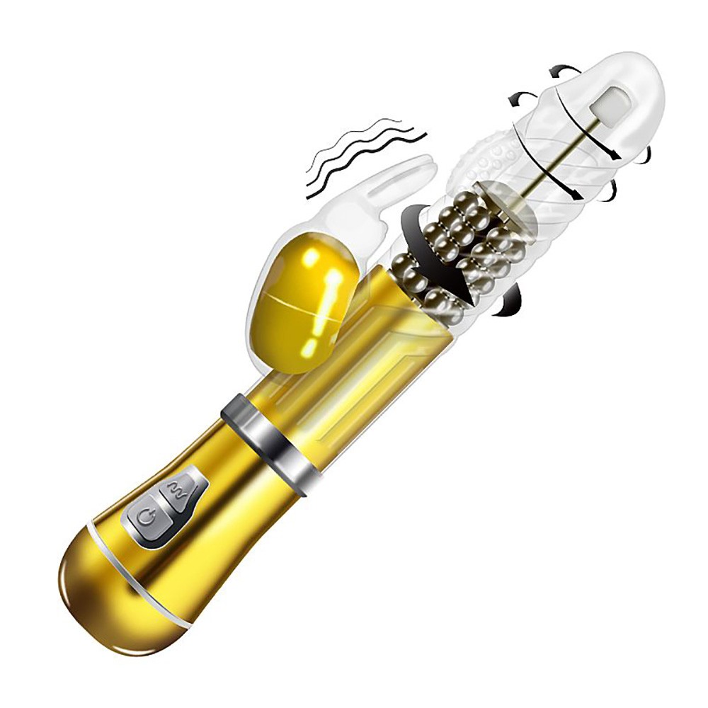 Vibrador Rabbit em Jelly Coelho II Dourado, vis�o lateral mostrando o mecanismo de rota��o e vibra��o