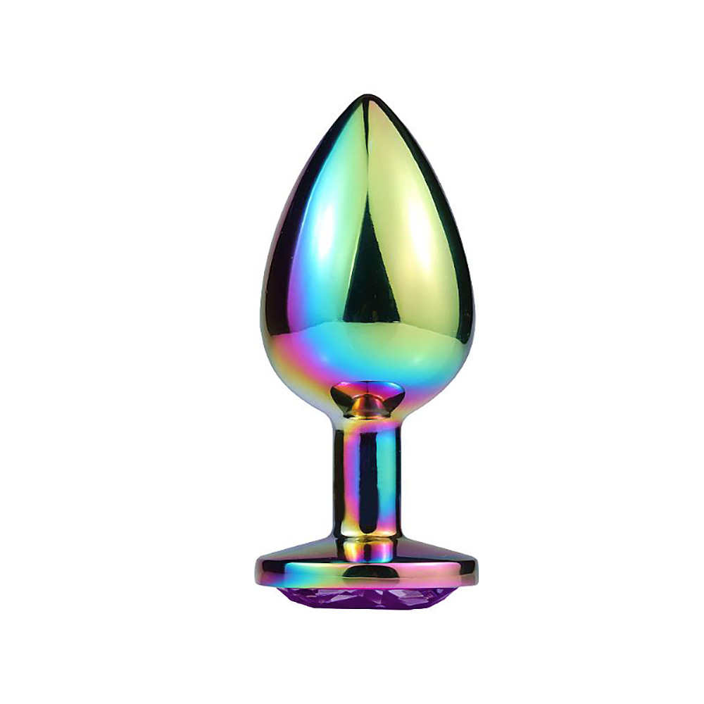 detalhe do acabamento em a�o furta-cor roxo do plug anal joia mostrando brilho met�lico premium e superf�cie lisa