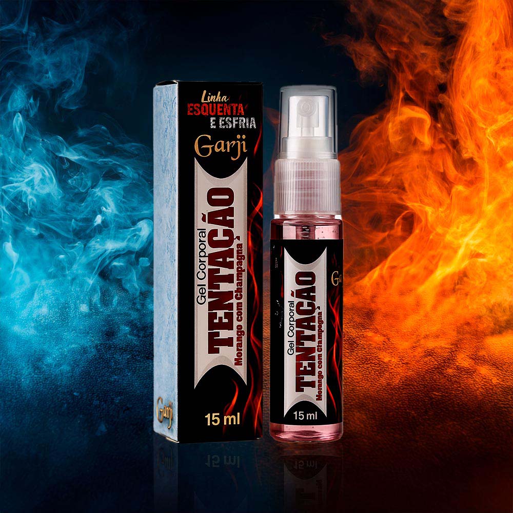 Frasco do Excitante Unissex Esquenta e Esfria Beij�vel Tenta��o Sabor Tutti Frutti 15ml, com o lado da embalagem que indica o volume de 15ml e 'Gel Corporal'.