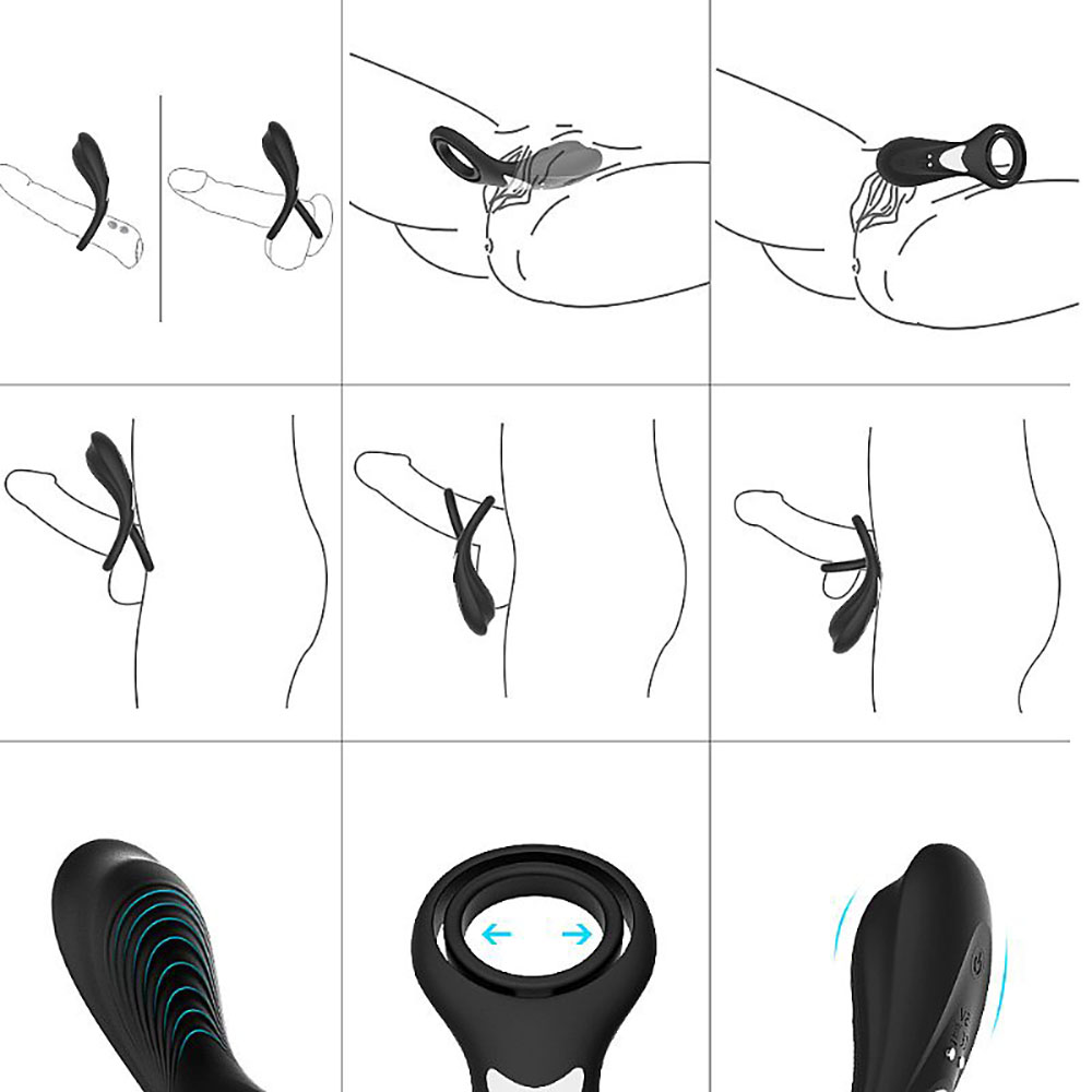 Anel Peniano Rings Preto com 9 Vibra��es, diagramas ilustrativos de aplica��o do anel peniano e escrotal