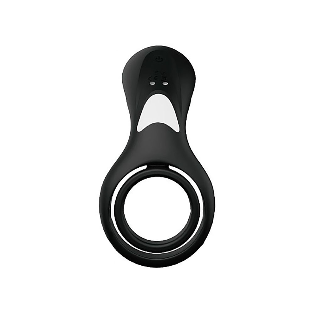 Anel Peniano Rings Preto com 9 Vibra��es, vista frontal do anel e estrangulador com o motor na base