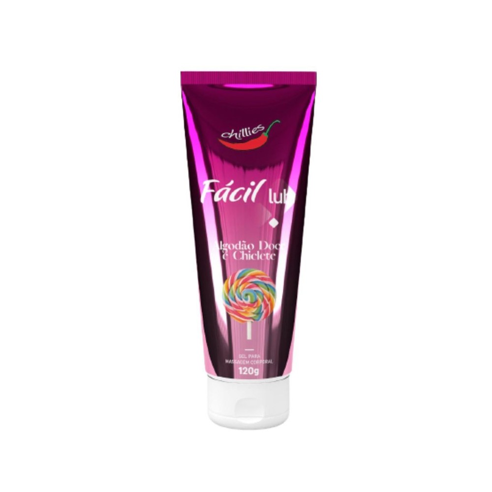 Gel lubrificante beij�vel de Algod�o Doce e Chiclete em embalagem de bisnaga roxa met�lica, vista frontal com foco no brilho met�lico.