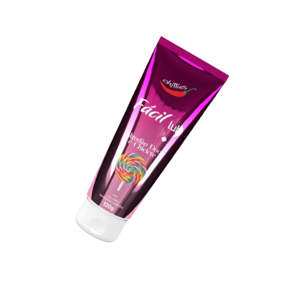 Parte traseira da embalagem do Gel Lubrificante Beij�vel com informa��es do produto e selo Chillies, em fundo branco.
