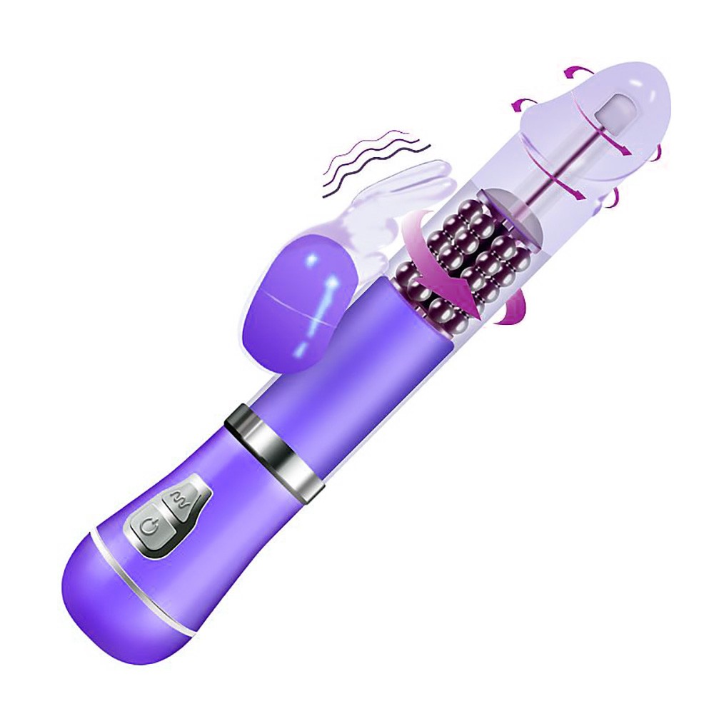 Vibrador Rabbit Recarreg�vel Roxo com 9 Vibra��es e 6 Rota��es - corpo do produto mostrando detalhes da ponta girat�ria e estimulador de clit�ris