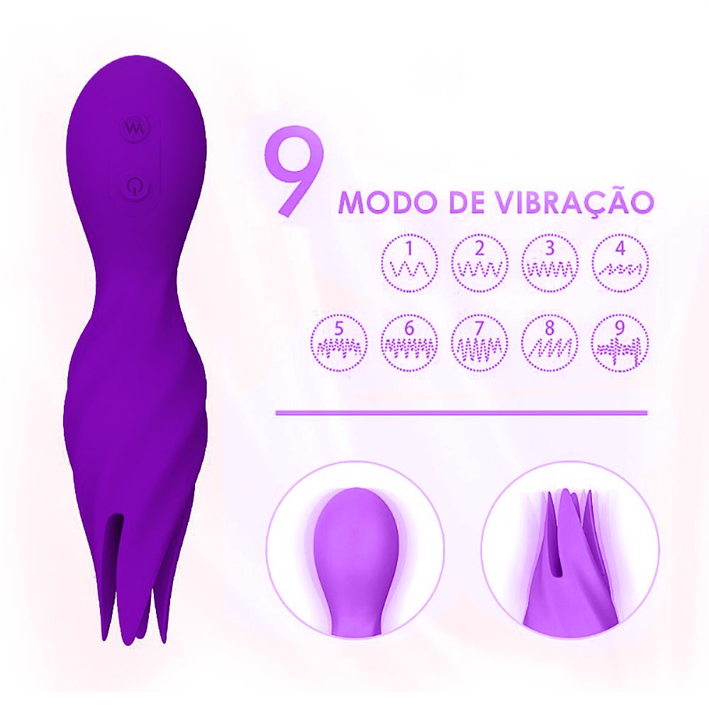 Estimulador de Clit�ris Jack Roxo com ilustra��o dos 9 modos de vibra��o dispon�veis