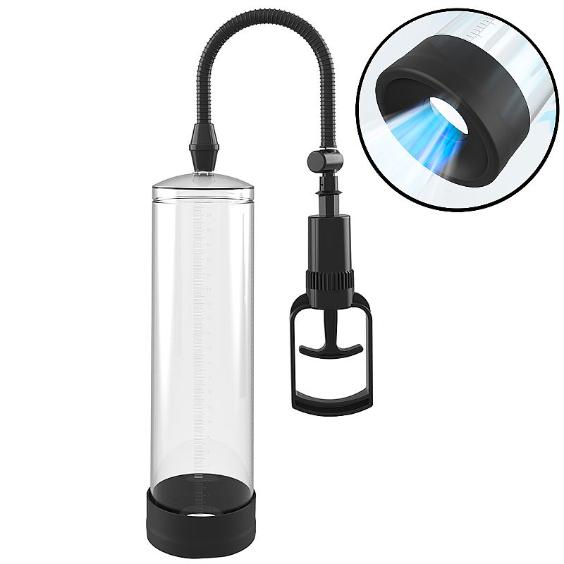 Bomba Peniana Manual com Bocal de Silicone Transparente em vista lateral com detalhe do bocal