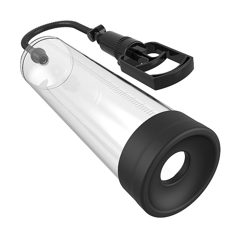 Bomba Peniana Manual com Bocal de Silicone 28 x 8,5cm Transparente - Vista em �ngulo com o pump e a ponta do cilindro
