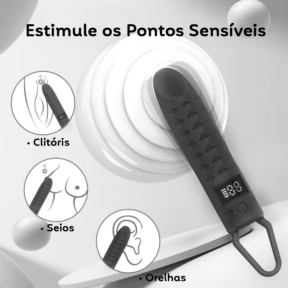Vibrador Bullet demonstrando a estimula��o de pontos sens�veis como clit�ris, seios e orelhas, exemplificando sua versatilidade.